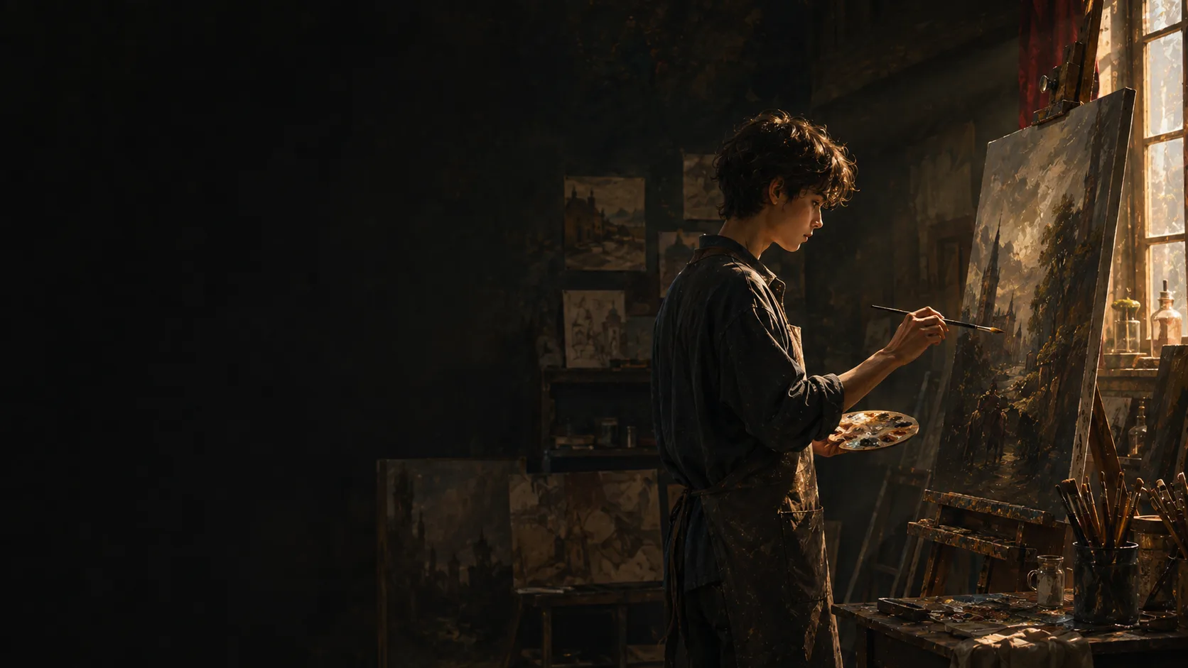 A young artist developing a traditional oil painting in a focused atelier studio