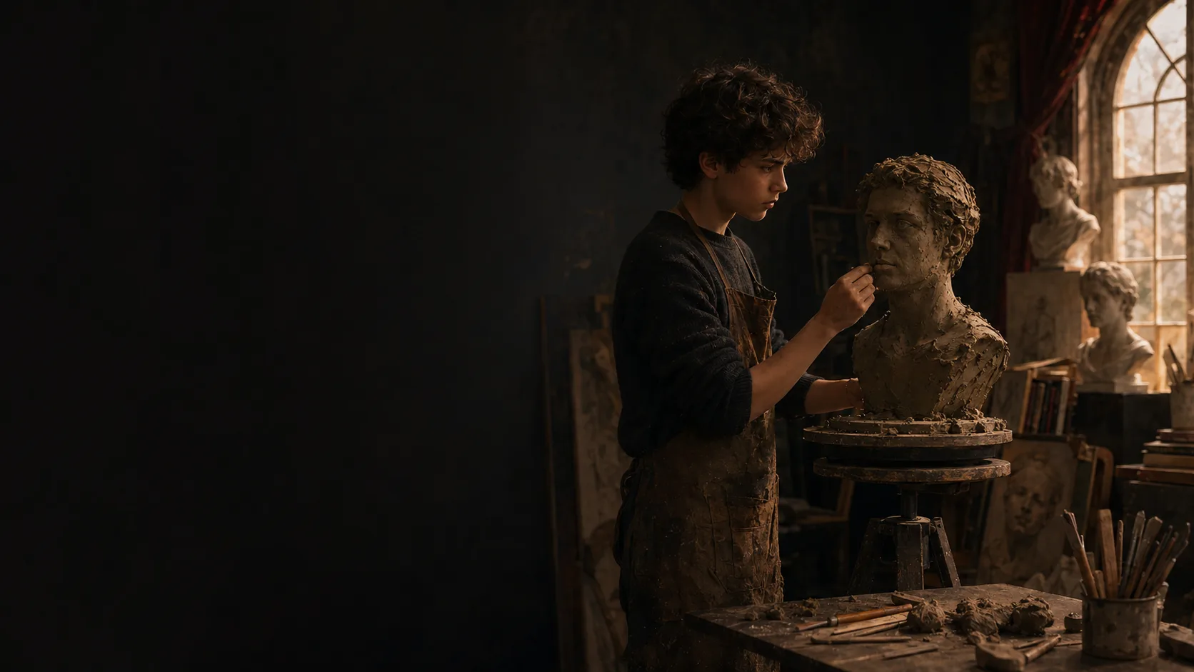A young artist sculpting a portrait in clay in a focused atelier studio