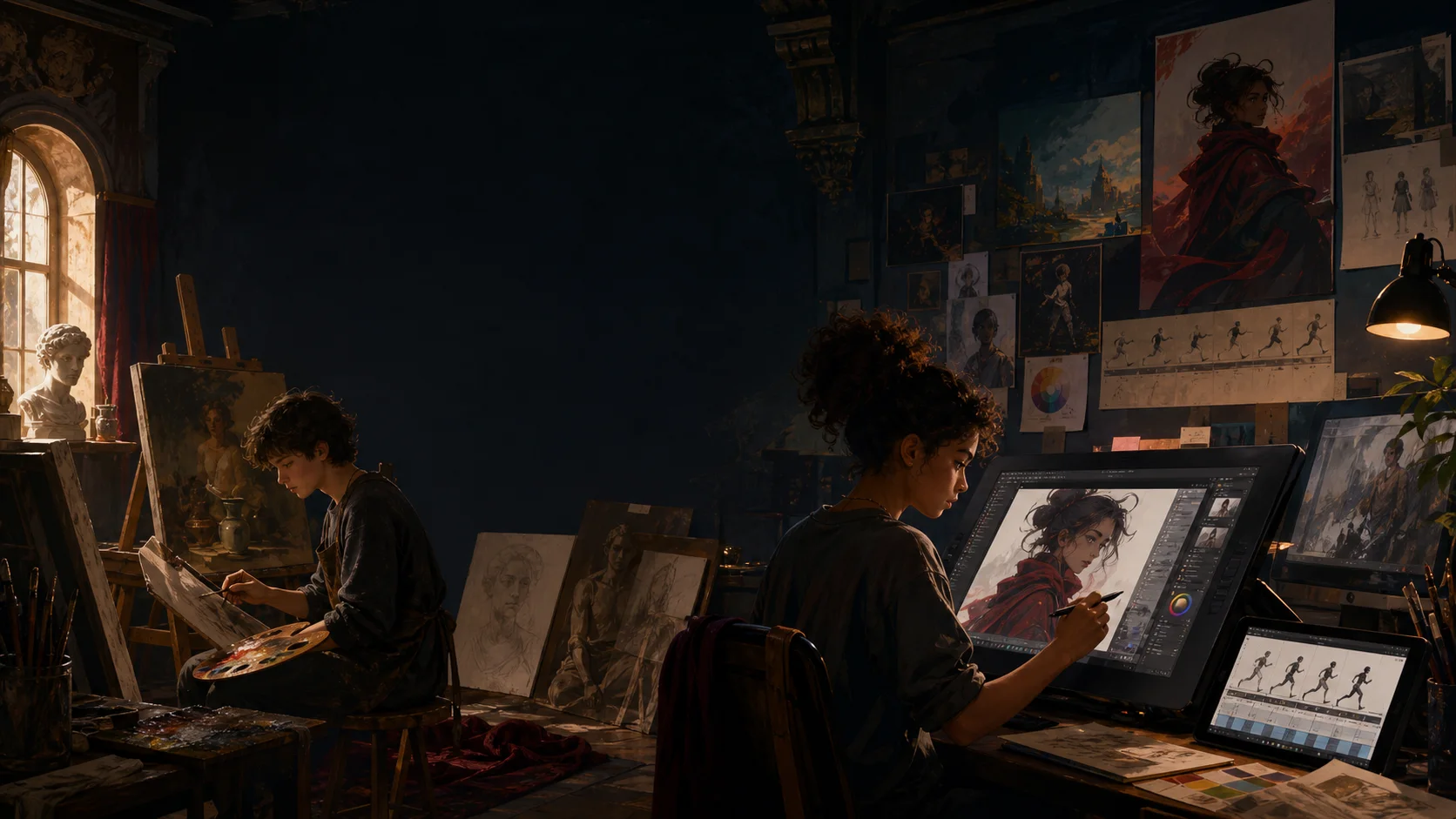 Young artists working in traditional and digital media in a focused atelier studio